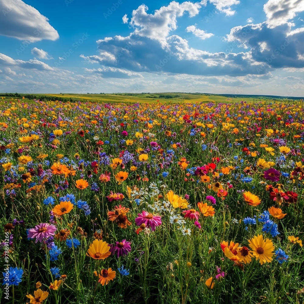 Obraz premium Vibrant Wildflower Meadow Under Blue Sky With Fluffy Clouds