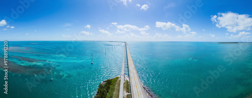 Aerial view of panoramic overseas highway bridge over the turquoise Gulf of Mexico and Atlantic Ocean, Long Key, United States.