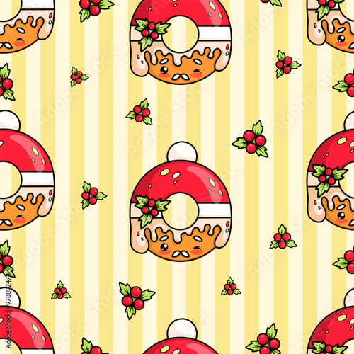 Seamless pattern with Christmas donut Santa with holly and dripping icing on yellow striped background. Funny holiday cartoon kawaii character food. Vector illustration