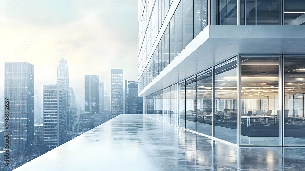 A Modern Office Building with Glass Walls and a View of the City Skyline A Modern Office Building with Glass Walls and a View of the City Skyline