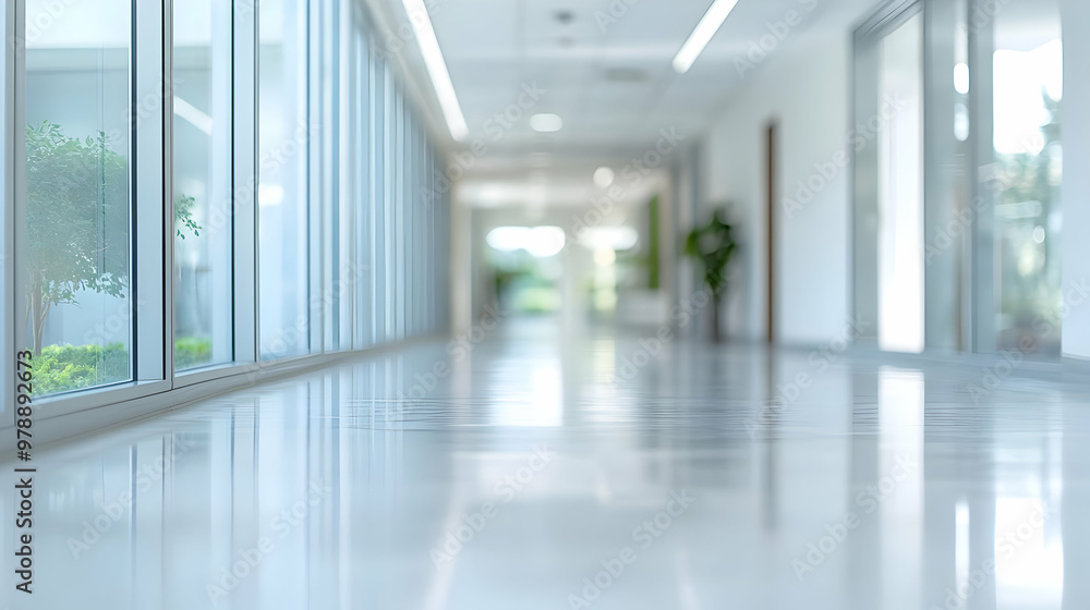 A Long, Bright White Hallway with Glass Windows on Both Sides Leading to a Blurred View of a Green Lawn A Long, Bright White Hallway with Glass Windows on Both Sides Leading to a Blurred View of a Green Lawn