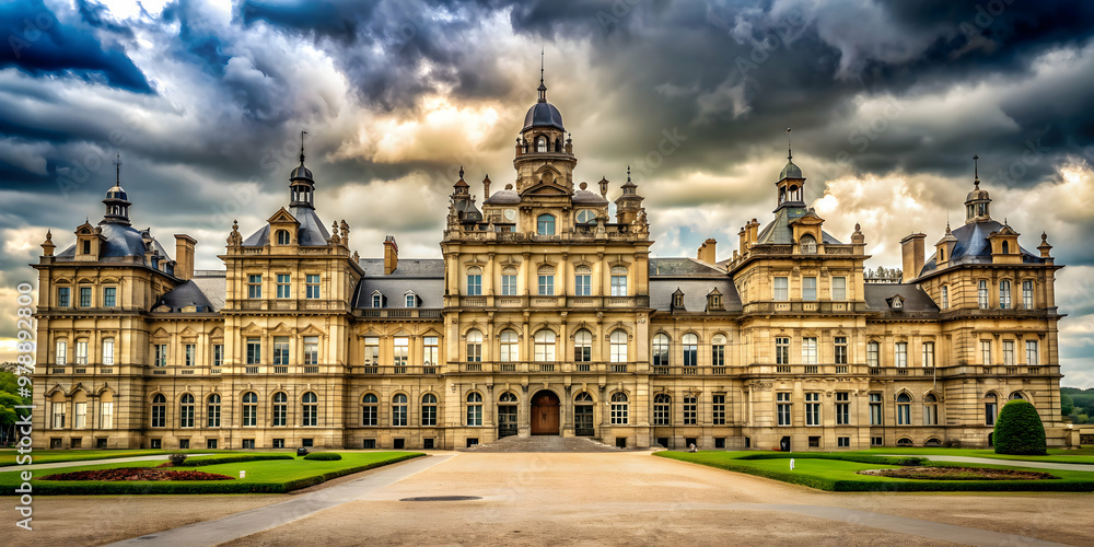 Grand historic building under overcast sky, showcasing architectural elegance and timeless beauty, historic Grand historic building under overcast sky, showcasing architectural elegance and timeless beauty, historic