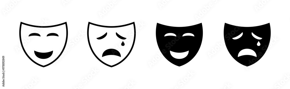 Theatrical masks set icons. Linear and silhouette style. Vector icons. Theatrical masks set icons. Linear and silhouette style. Vector icons.