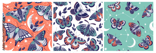 Boho butterfly pattern. Seamless print of moth and astrologic mystic symbols with abstract fantasy insects, ethnic fabric textile design. Vector texture.eps