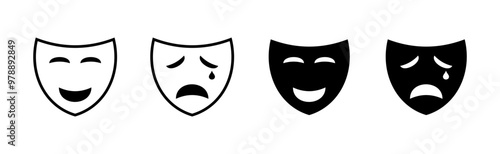 Theatrical masks set icons. Linear and silhouette style. Vector icons.