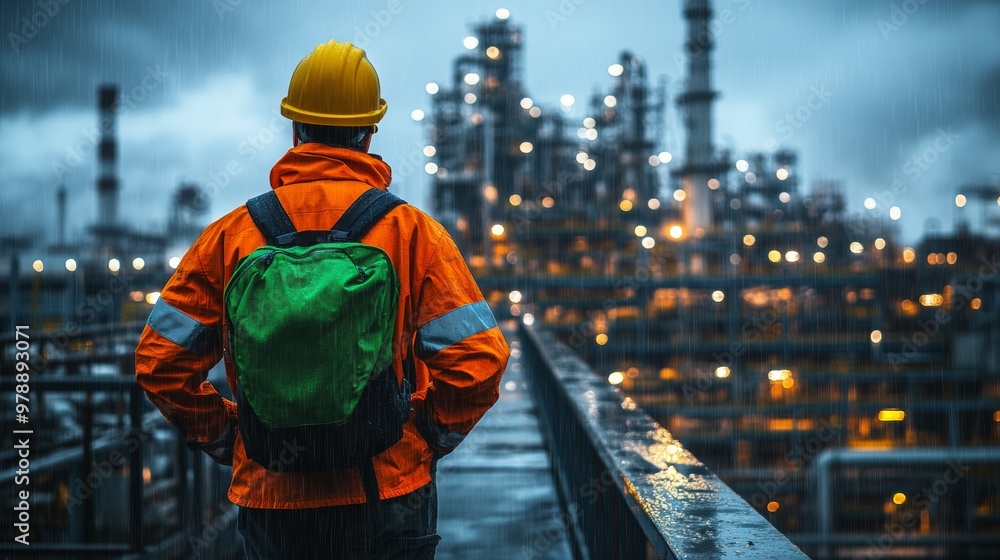 worker wearing an orange jacket and yellow helmet stands on the bridge in front of an oil refinery worker wearing an orange jacket and yellow helmet stands on the bridge in front of an oil refinery