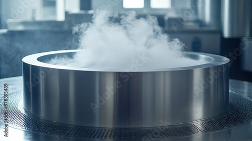 A large stainless steel tank filled with liquid nitrogen, surrounded by a thick mist slowly enveloping the area, with subtle reflections on the metallic surface photo