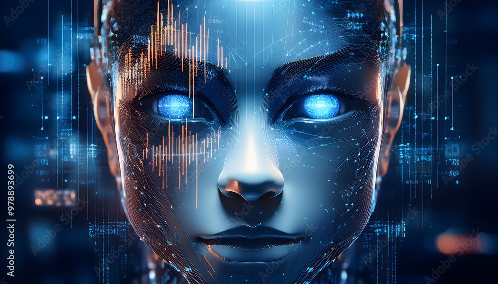 The concept of AI, a robot brain that will replace humans. A 3D rendering of a humanoid robot's face with a brain built from a circuit board with commands from Ai. The concept of AI, a robot brain that will replace humans. A 3D rendering of a humanoid robot's face with a brain built from a circuit board with commands from Ai.