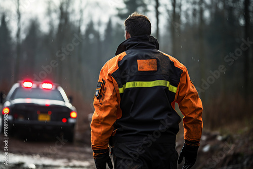 AI generated photo of brave firefighter after evacuations of people photo