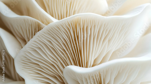 Close-Up Macro Photography of a White Mushroom with Detailed Gills, Showing the Natural Texture and Delicate Structure of the Fungi photo