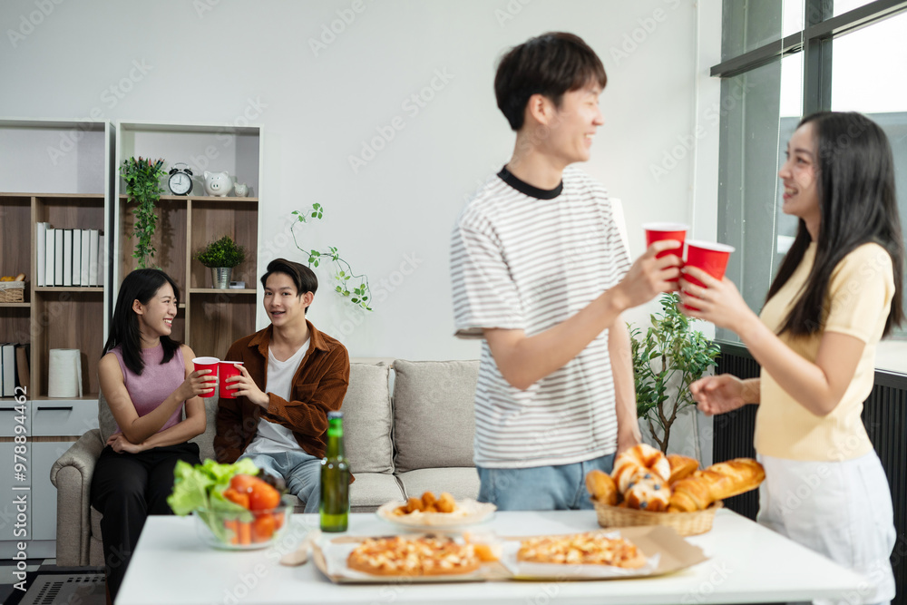 drinks and conversation, social gathering and get together. Young people, group and happiness at fast food pizzeria, celebration at home. drinks and conversation, social gathering and get together. Young people, group and happiness at fast food pizzeria, celebration at home.