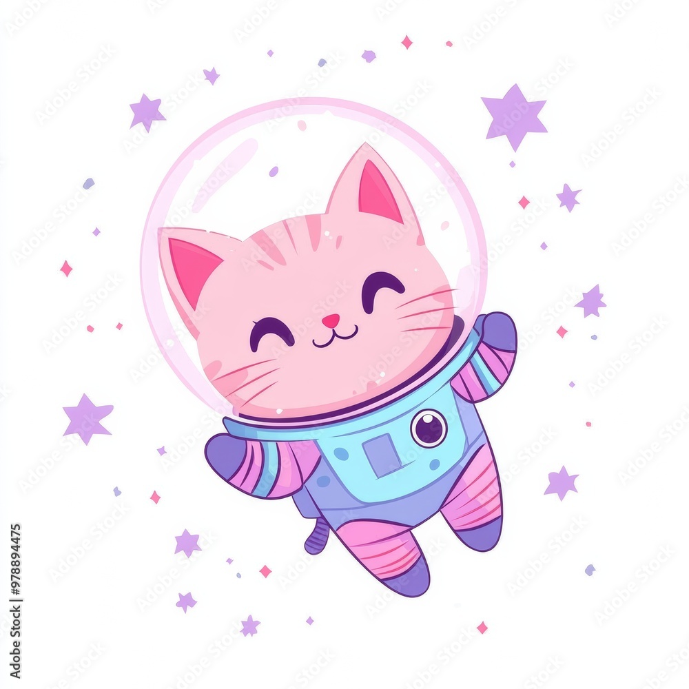 Cute pink cartoon space cat floating in the universe Cute pink cartoon space cat floating in the universe