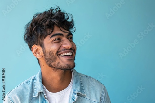 Handsome Indian man smiling and looking confident on isolated background.