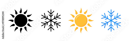 Sun and snowflake set icons. Flat and silhouette style. Vector icons.