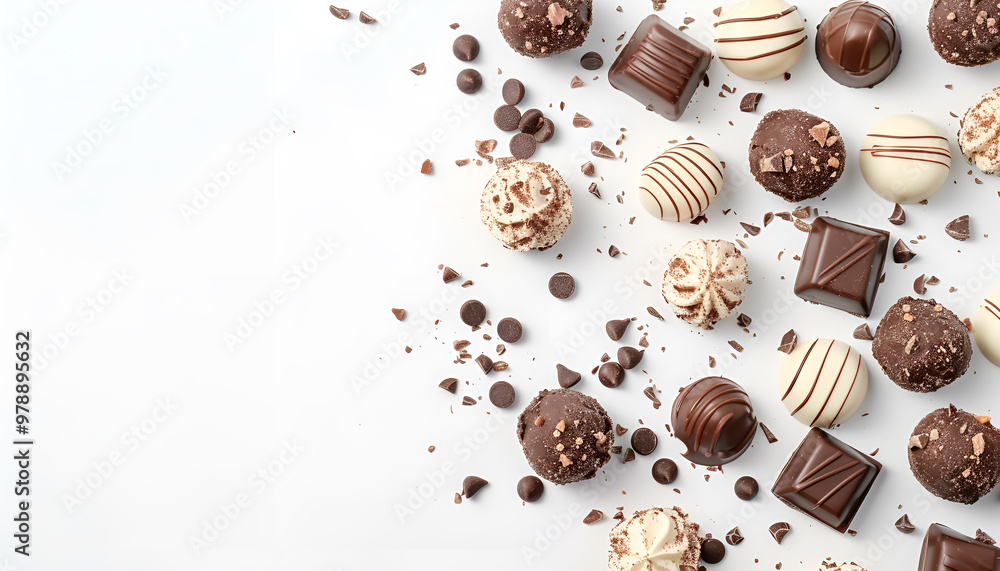 Set with different chocolate candies on white background, space for text Set with different chocolate candies on white background, space for text
