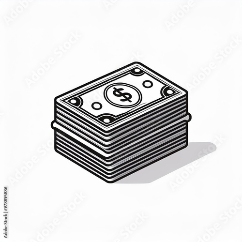 Stack of Drawn Black and White Cartoon Money Bills with Dollar Sign, Shadowed on a Plain Background. Vector Logo Icon 