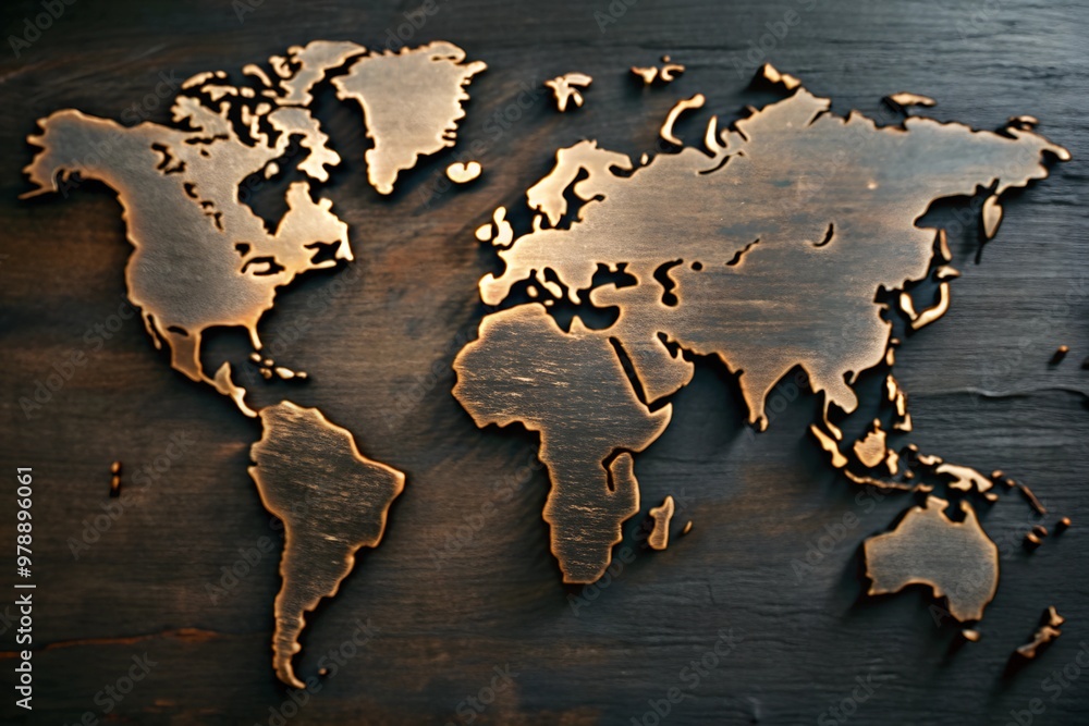 world map 3D effect, textured wooden background in brown and gold shades
world map 3D effect, textured wooden background in brown and gold shades