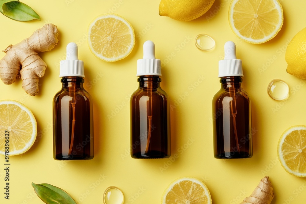 Medicines and ginseng, ginger, lemon on a yellow background, flat lay, mockup of three amber glass bottles with white caps Medicines and ginseng, ginger, lemon on a yellow background, flat lay, mockup of three amber glass bottles with white caps