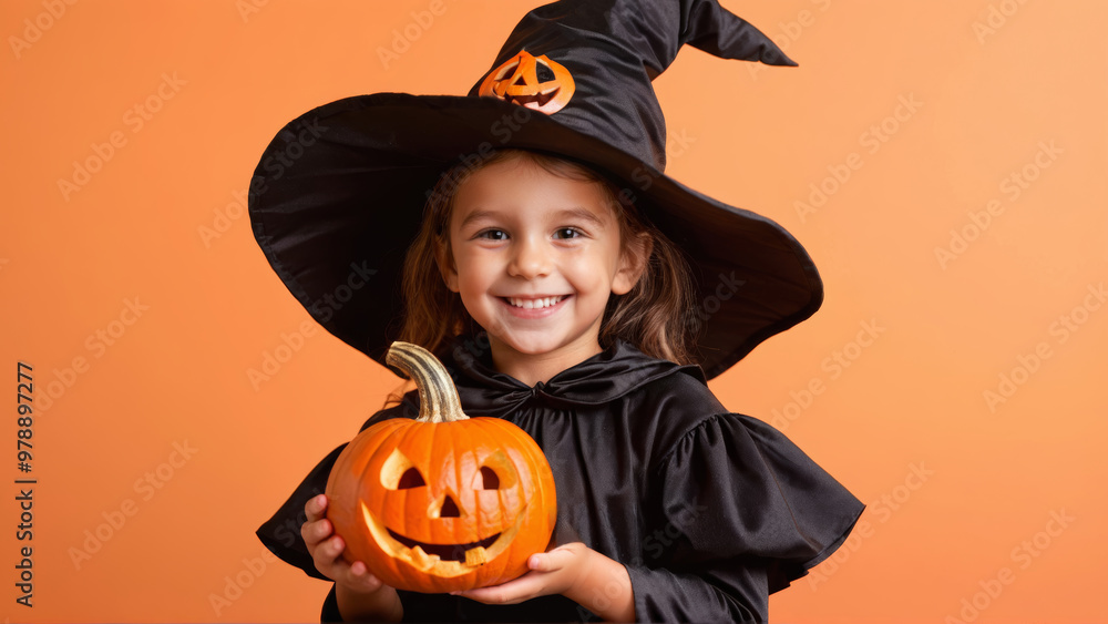 Fototapeta premium Smiling child in witch costume holding a jack-o-lantern pumpkin on Halloween