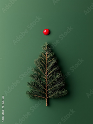 Spruce branch in a shape of a Christmas tree with a red berry on top. X-mas minimalistic green baxkground photo