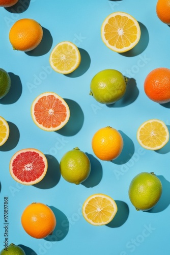 Top view of flying citrus fruits on a blue background