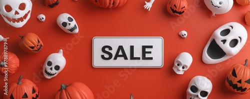 SALE sign, surrounded by Halloween masks, spooky costume theme, 3D illustration photo