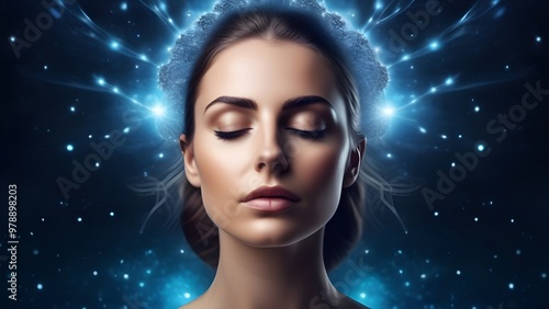 Woman meditates, neural connections, astral dreaming, visualization, alpha, theta waves.