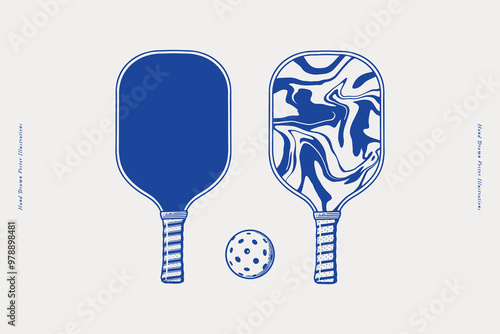Hand-drawn illustration of two pickleball paddles, along with a ball. Minimalist and creative design in blue and white for sports-related themes.