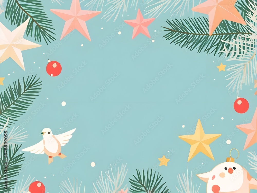 Fototapeta premium abstract Pastel New Year and Christmas flat lay in pastel neutral colors decorative stars, fir branches, birds, Christmas tree toy ball on light background