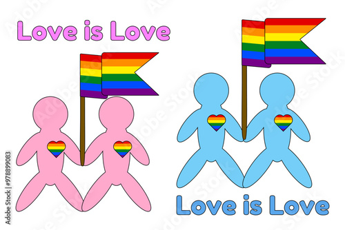 Two LGBT couples, pink and blue figures, holding rainbow flags and heart symbols representing love, unity, and LGBTQ plus pride.