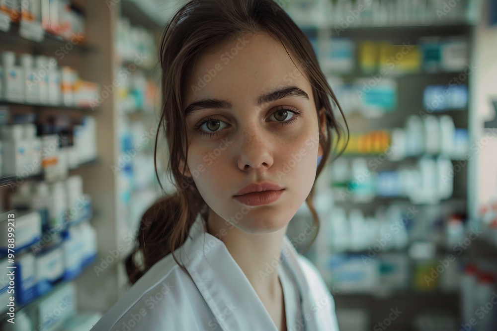Photography of smiling pharmacist in a pharmacy store generative ai Photography of smiling pharmacist in a pharmacy store generative ai