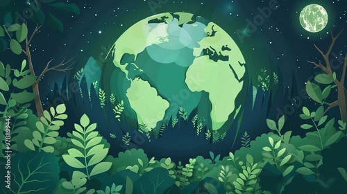 Illustration of a stylized paper cut globe with surrounding flora and fauna, representing ecological concepts and global harmony.