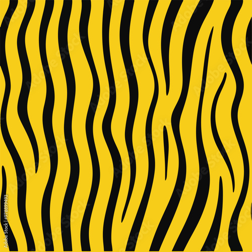 Seamless tiger stripe pattern featuring bold black lines on a vibrant yellow background