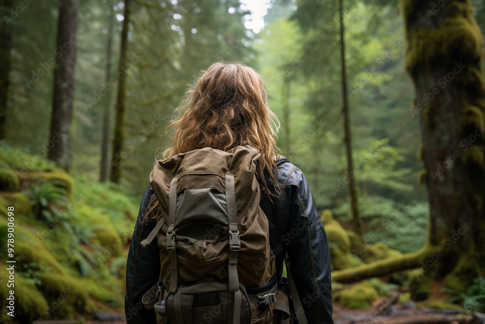 AI generated image of a happy young person exploring walking in forest AI generated image of a happy young person exploring walking in forest