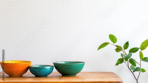 Simple farmhouse dining setup, wooden table, ceramic bowls, Watercolor style