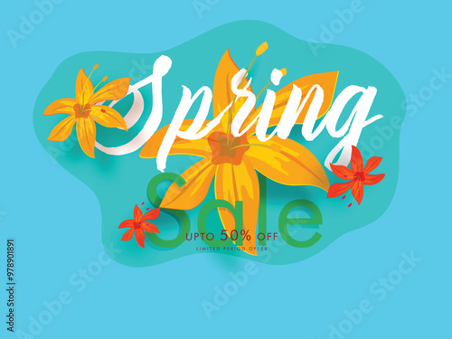 Beautiful flowers decorated spring sale poster design with discount offer.