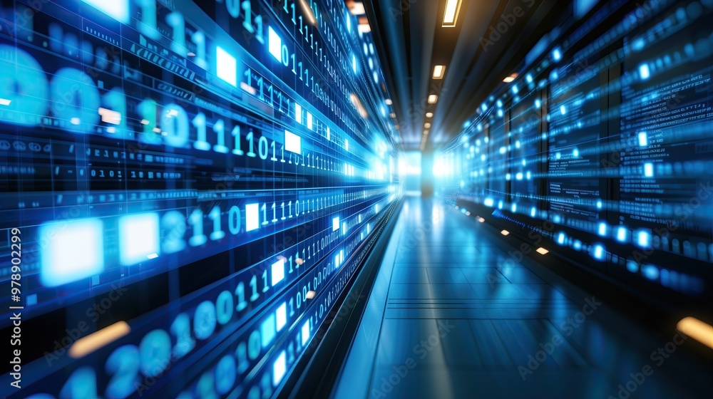 digital hallway lined with glowing blue binary code abstract technology 1 and 0 background digital hallway lined with glowing blue binary code abstract technology 1 and 0 background