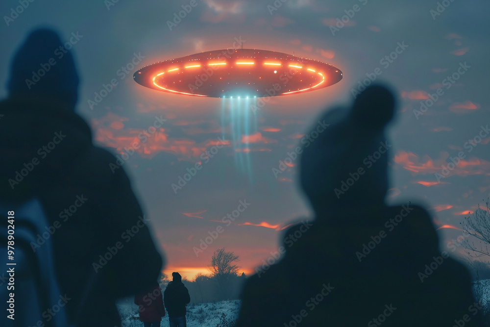 Fototapeta premium People observing supernatural lights in the dark sky UFO experience created with generative AI