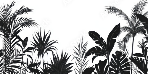 A black silhouette of tropical plants against a white background, ideal for design use.