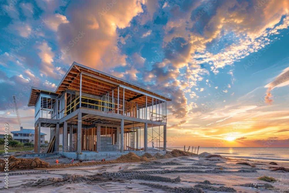 the process of building a house on the shore of a lake, sea, or ocean the process of building a house on the shore of a lake, sea, or ocean