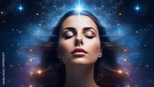 Woman meditates, neural connections, astral dreaming, visualization, alpha, theta waves.