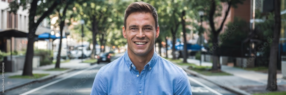 Naklejka premium Smiling young man standing on a city street surrounded by trees in summer