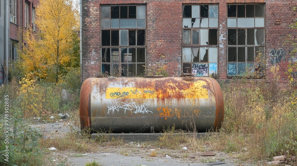 Urban industrial scene with a stainless steel tank, covered in graffiti, next to old factory buildings and broken windows Urban industrial scene with a stainless steel tank, covered in graffiti, next to old factory buildings and broken windows