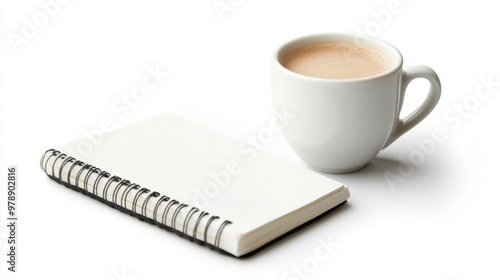 Coffee cup and notebook on white background