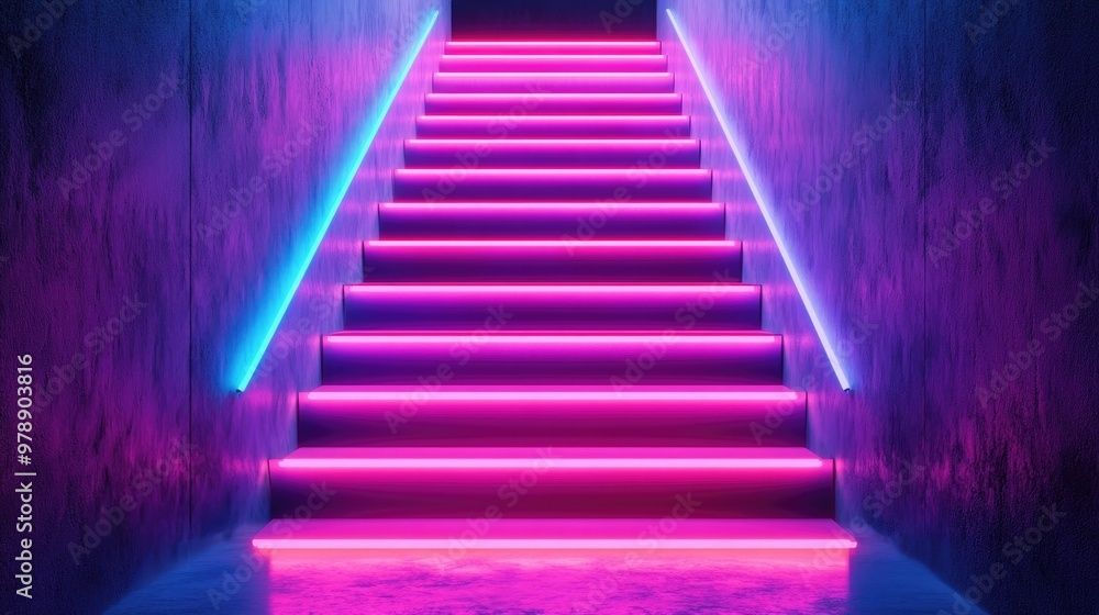 Neon-Lit Concrete Stairway with Blue and Pink Glowing Lines Neon-Lit Concrete Stairway with Blue and Pink Glowing Lines