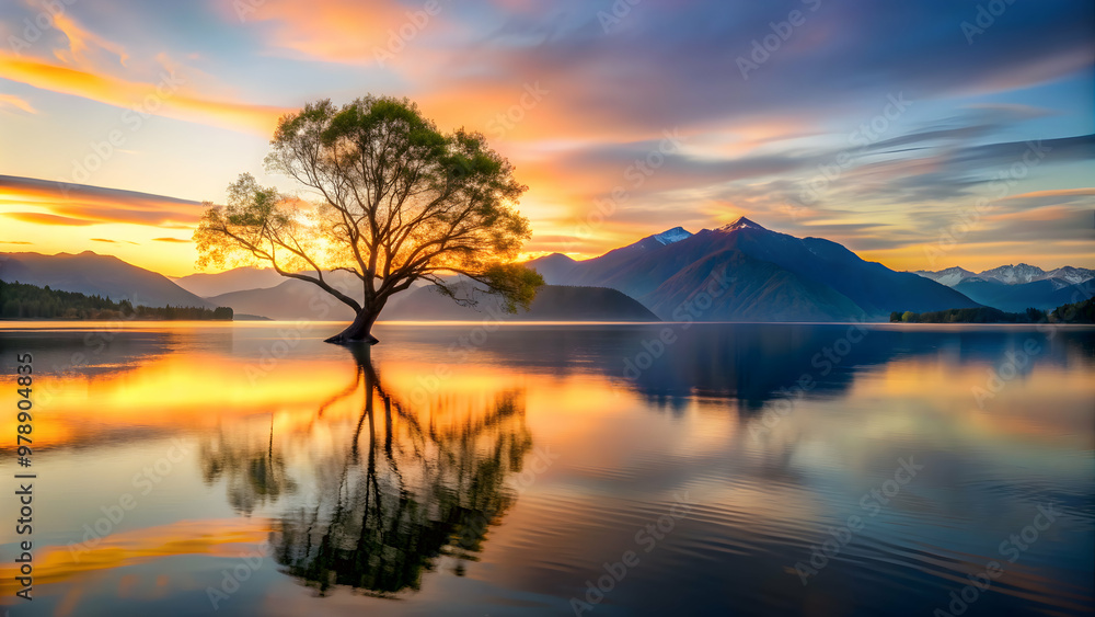 Fototapeta premium Single tree on island in still lake at sunset with mountain silhouette in background, solitude, reflection, serenity, nature