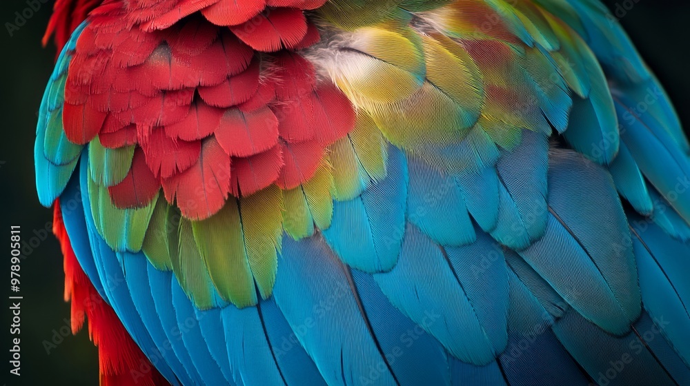A close-up of a parrots colorful feathers, with shades of blue, green, and red blending together in a radiant pattern. A close-up of a parrots colorful feathers, with shades of blue, green, and red blending together in a radiant pattern.