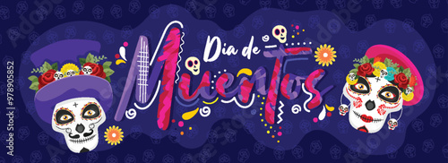 Creative text of Dia De Muertos with sugar skulls on blue skull pattern background for Day of the dead. Header or banner design.