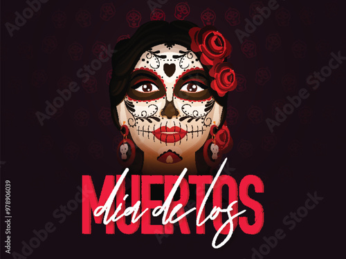 Stylish text of Dia De Los Muertos with catrina face on burgundy background. Can be used as banner or poster design.