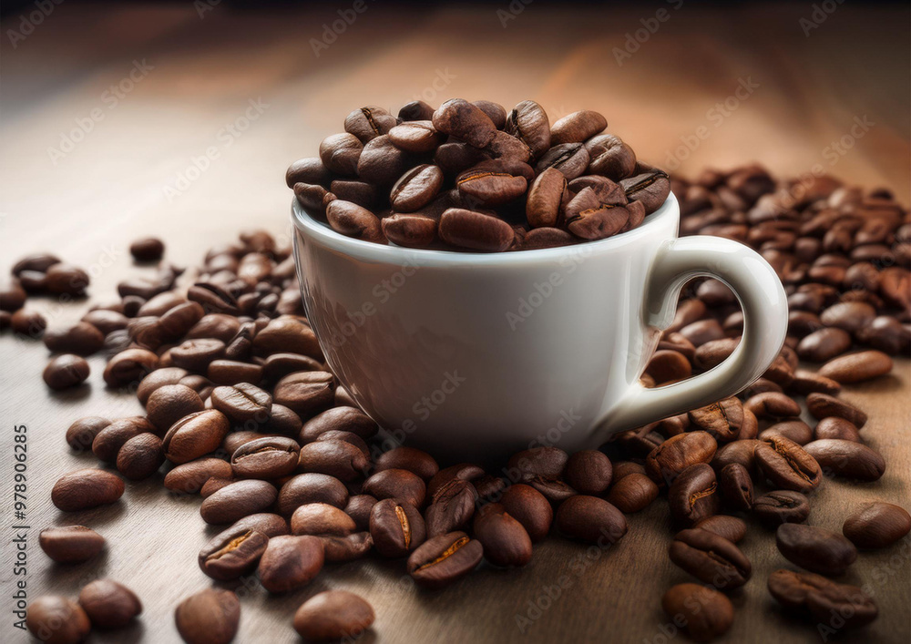 Roasted Coffee Beans and Coffee Mug on a Rustic Wooden Table for Cafes, Coffee Lovers and Coffee Brands